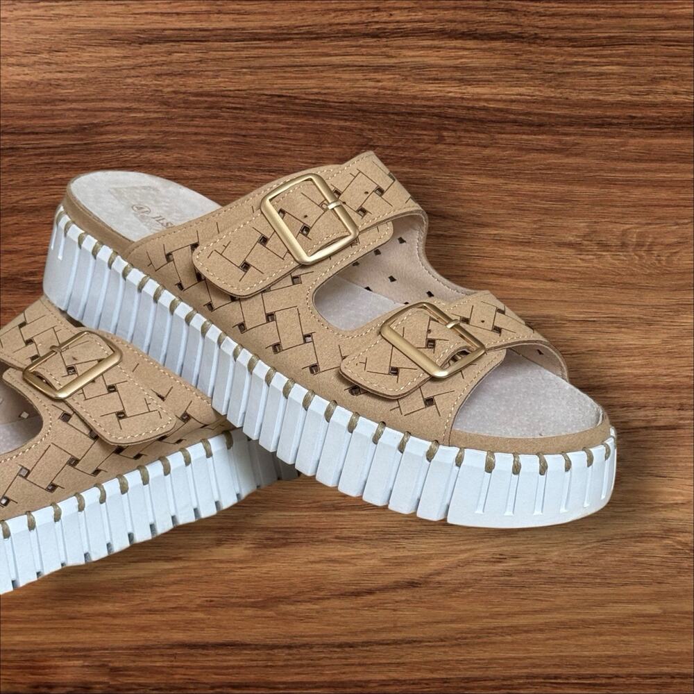 Ilse Jacobsen Tan Woven Double-Buckle Platform Sandals